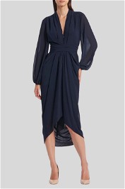 Carla Zampatti Georgette V Neck Classic Waterfall Dress in Navy 