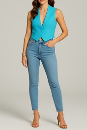 Dress hire casual CUE Matte Crepe Waistcoat in Aqua Cropped