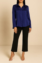 Dress Hire Dinner Date CUE Silky Satin Gathered Shirt in Admiral Blue