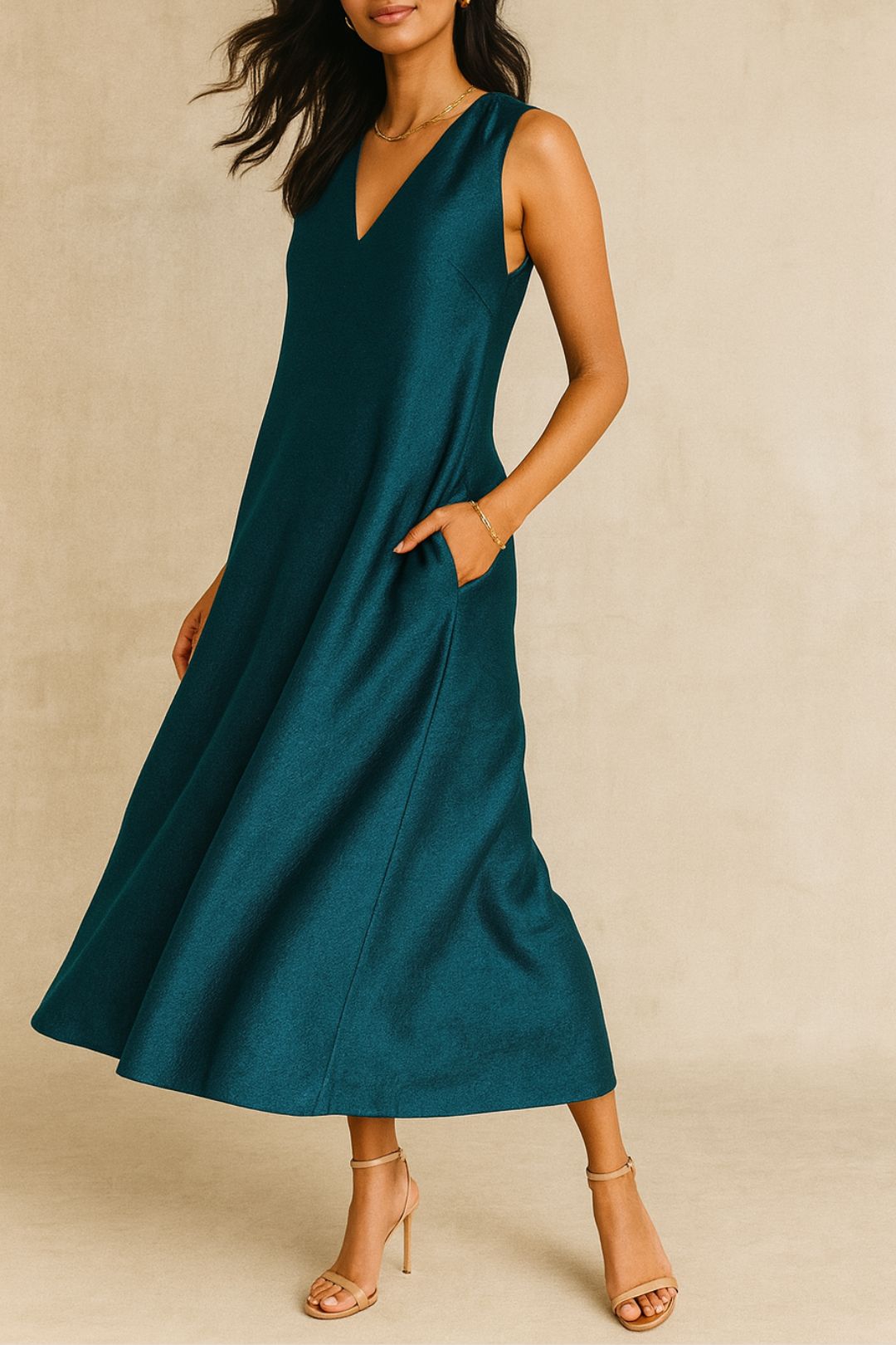 Dress Hire Evening Formal Veronika Maine V Neck Crepe Midi Dress in Emerald