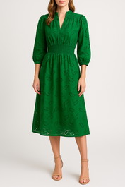 Dress Hire luncheon David Jones Shirred Waist Broderie Dress in Green