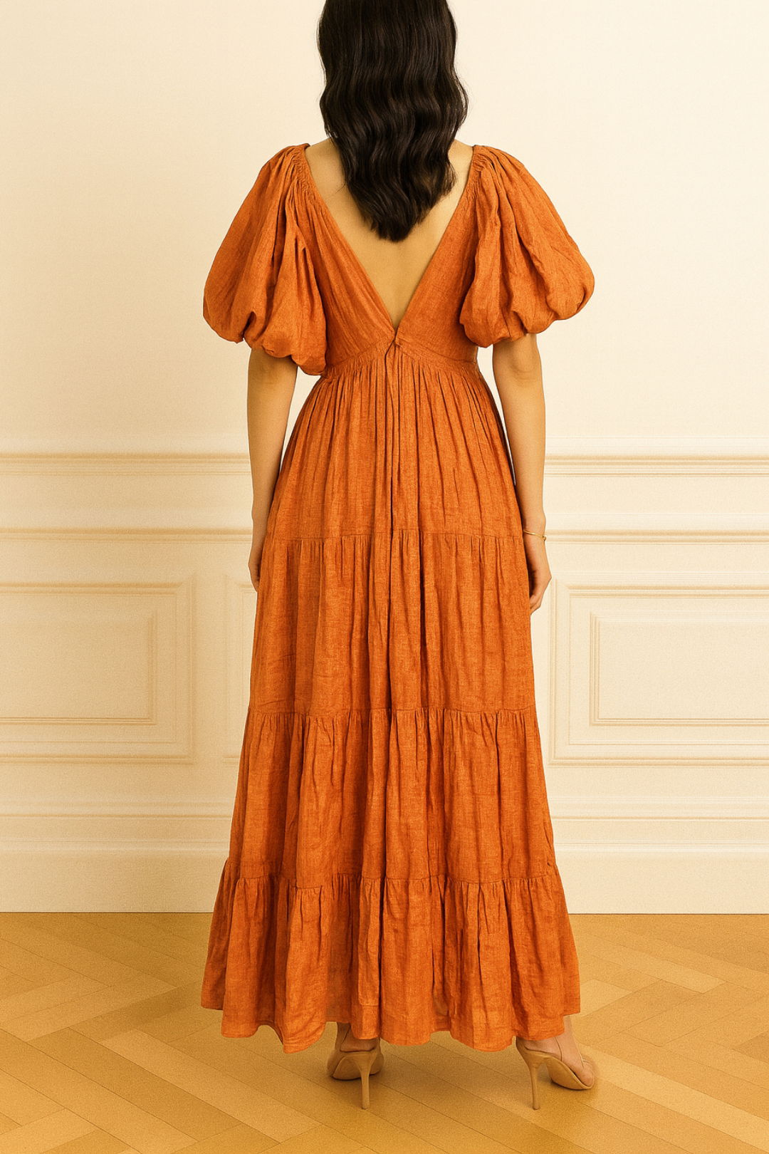 dress hire wedding guest Rooh Collective	Long Gown in Papaya