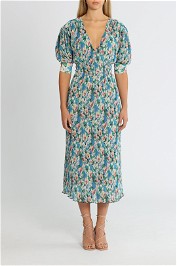 Ganni Pleated Georgette Floral Azure Blue Short Sleeve Midi Dress