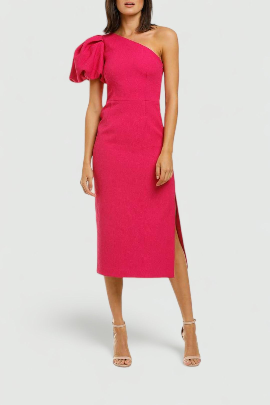 Rebecca-Vallance-Natalia-One-Sleeve-Midi-Dress-Magenta-Front