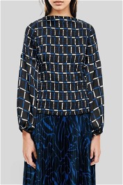 Veronika Maine Geometrical Check Shirred Top in Black