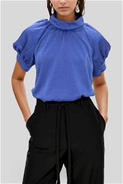 Veronika Maine Marble Satin Puff Sleeve Top Iris Blue