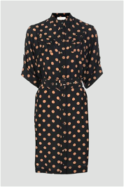 Silk Utility Dress in Black and Tan Dot